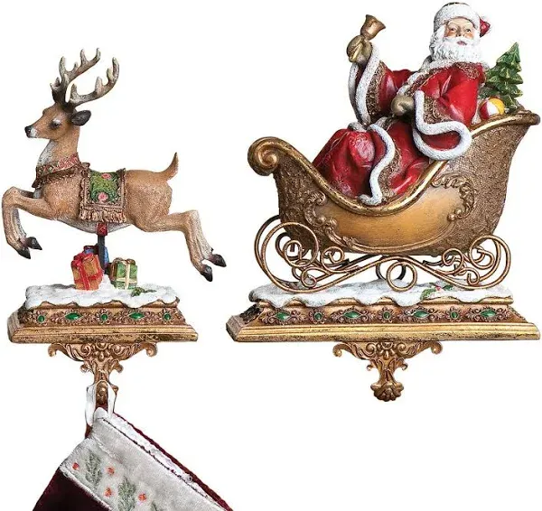 Set of 2 Gold Santa and Reindeer Glittered Christmas Stocking Holders 9.5"