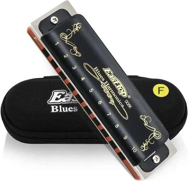 East top Diatonic Harmonica Key of C 10 Holes 20 Tones 008K Blues Harp Mouth Organ Harmonica with Black Cover, Top Grade Harmonica for Adults, Professionals and Students as Gift