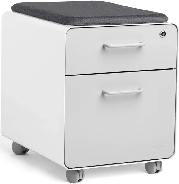 Poppin Mobile Mini Sittable Stow Rolling File Cabinet - White & Light Gray w Dark Gray Seat Cushion. Two Locking Drawers & One Key Lock. Two Keys Included. One Utility Drawer & One Hanging File Drawer