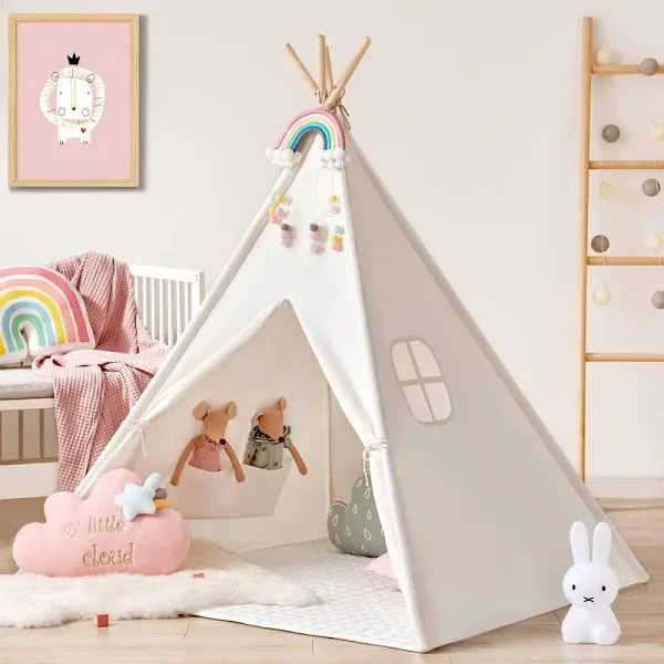 Tiny Land Teepee Tent for Kids, 100% Cotton Play Tent with Padded Mat and Star Lights, Kids Teepee Tent with Carry Bag, Foldable Kids Tent for Toddlers Aged 3+, Quality Teepee Tent for Girls and Boys