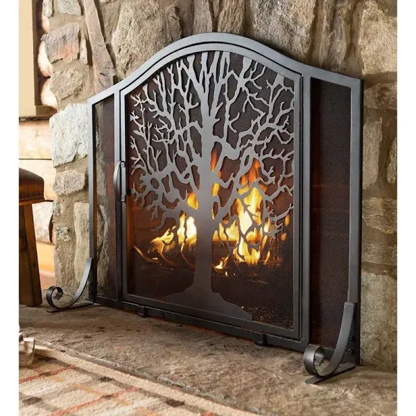 Plow & Hearth Metal Fireplace Screen Tree of Life Black | 38" W x 31" H | Flatguard | Spark Guard Grate | Iron Fire Place Cover | Wood Stove Accessories