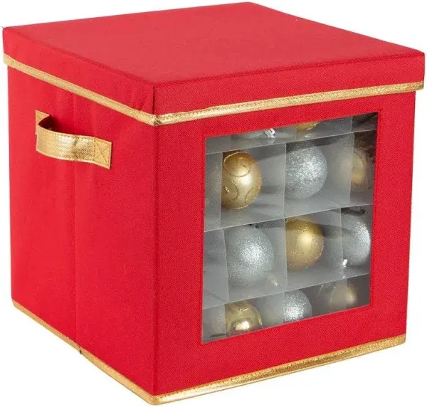 Simplify 64 Count Large Storage Box | Dimensions : 12.01 x 12.01 x 12.01 | Stackable Dividers | Holds up to 64 Ornaments | Red | Easy Carry Handles | Collapsible | Christmas Organization