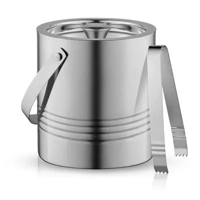 JoyJolt Double Wall Stainless Steel Ice Bucket with Strainer and Tongs