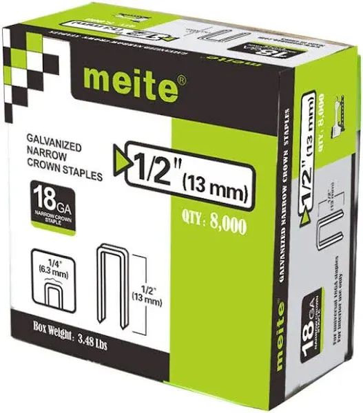 meite 18 Gauge 1/4-Inch Narrow Crown Staples, 1/2-Inch Length Heavy Duty Galvanized Upholstery Staples for Electric or Pneumatic Narrow Crown Staple Guns (8,000 PCS)