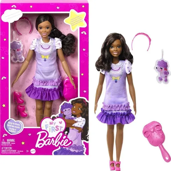 Barbie: My First Preschool Doll, Brooklyn with 13.5-inch Soft Posable Body & Black Hair, Plush Poodle & Accessories