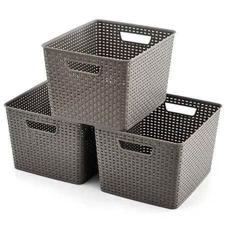 18 Qt Woven Plastic Storage Baskets, Large Organizer Knit Tote Bins Boxes - Pack