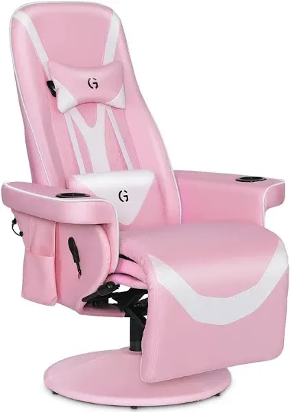 Modern-Depo Massage Video Gaming Recliner Chair Ergonomic High Back Swivel Reclining Chair with Speakers, Cupholder, Headrest, Lumbar Support, Adjustable Backrest and Footrest, Pink White