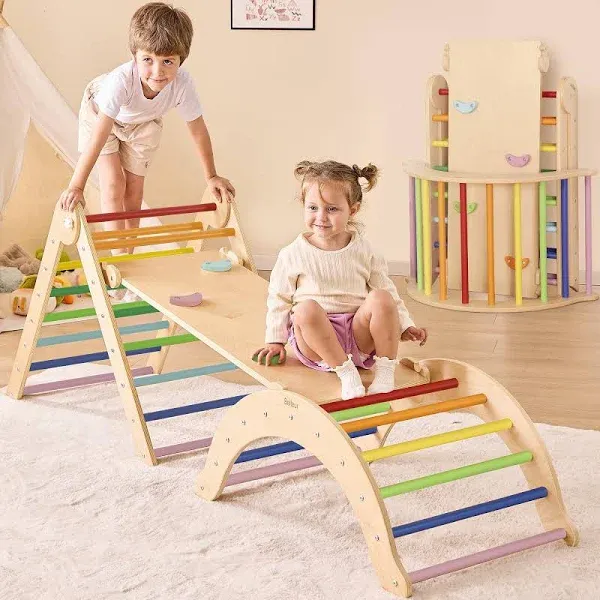 Belleur 7 in 1 Wood Pikler Triangle Set, Foldable Toddler Climbing Toys Indoo...