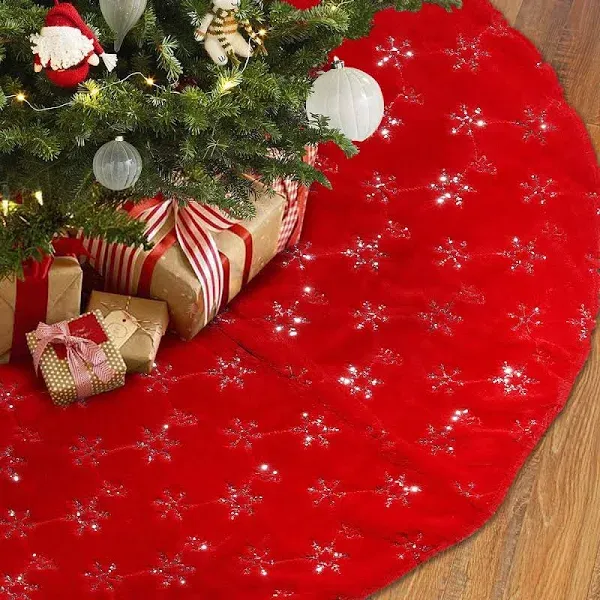 Christmas Tree Skirt - 48 Inches Large Red Tree Skirt with High - End Soft Faux Fur Tree Skirt for Christmas Decorations Indoor Outdoor - Red