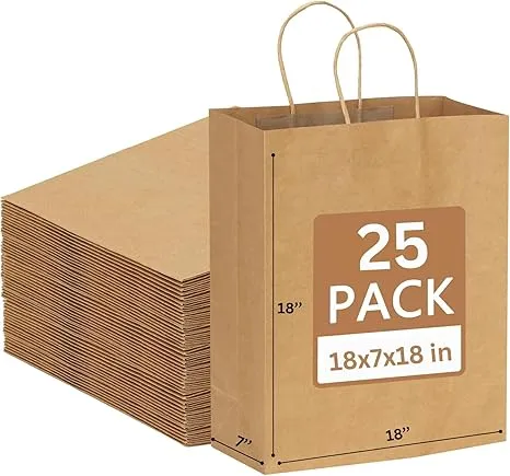 JET PAPER BAGS - 18x7x18 Inch [25 Pcs] Large Brown Paper Bags with Handles Ideal for Takeout, Grocery, Goody, Retail, Party, Gifts, Weddings - Recyclable Kraft Paper Gift Bags with Handles