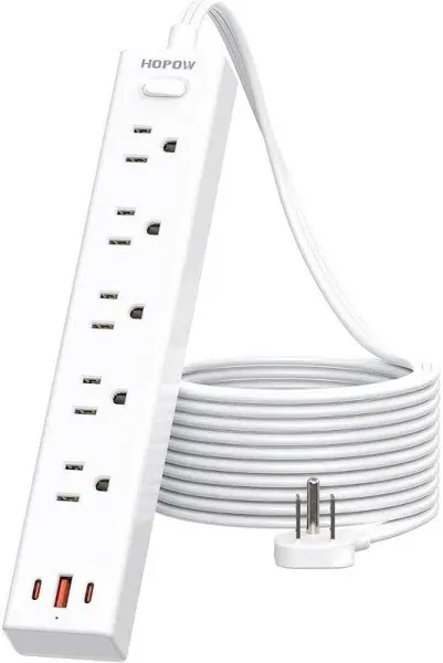 10 Ft Ultra Thin Extension Cord, 5-Outlet Power Strip Surge Protector with 4 USB Ports (2 USB C), 1875W/15A, Low Profile Flat Plug, 1700 Joules, Wall Mount for Home Office, White