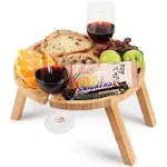 Tirrinia Portable Picnic Table with 4 Wine Glasses Holder, Functional Bamboo Snack Tray Table -Foldable for Party, Picnic, Camping, Beach (12.5 inch x