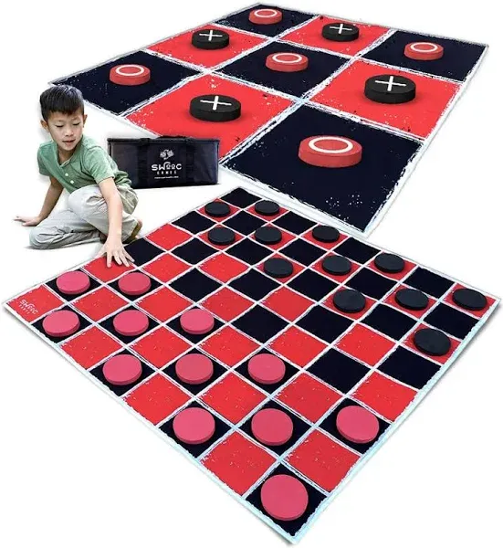 SWOOC GAMES 2-IN-1 VINTAGE GIANT CHECKERS &amp; TIC TAC TOE GAME MAT 4FT X 4FT