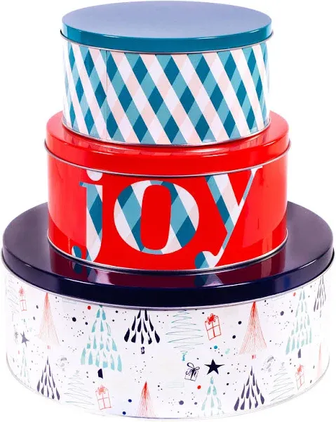 Steel Mill & Co Tin Containers with Lids, 3 Pack Christmas Cookie Tins, Festive Cookie Tins for Gift Giving & Holiday Treats, Round Metal Nesting Containers, Large Medium Small, Joy Plaid