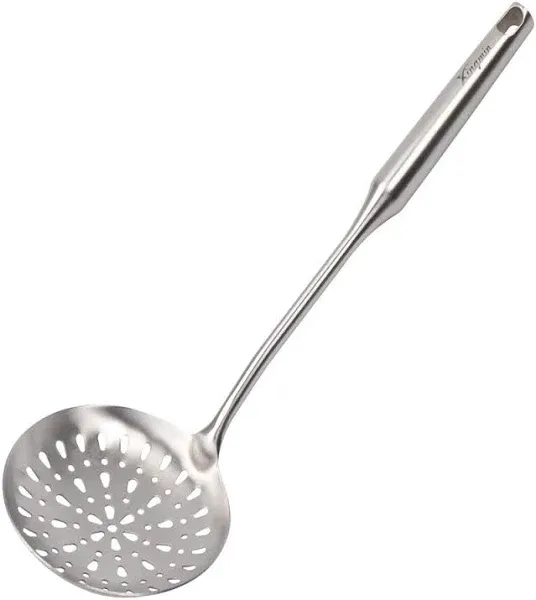 Skimmer Slotted Spoon,304 Stainless Steel Slotted Spoon, Handle Mesh Food Strainer Stainless Steel Colander with Hollow Handle Heat Resistant Cooking Tool,Silver/15.1Inch