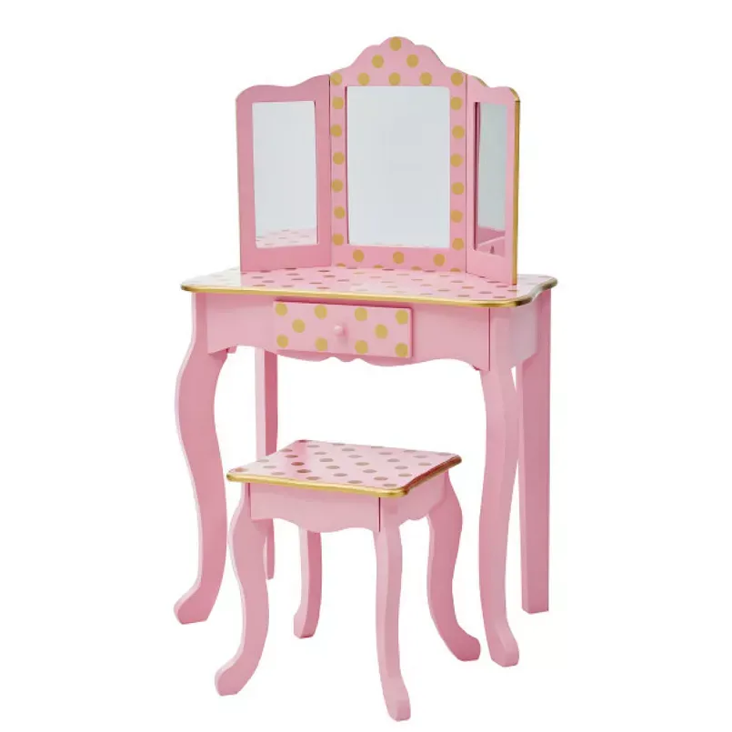 Teamson Kids Pink Polka Dot Play Vanity 2-piece Set, Pink Rose Gold