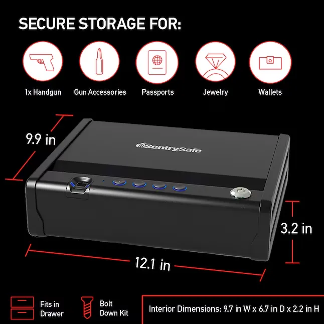 SentrySafe Biometric Gun Safe for Handgun or Pistol, Fingerprint Safe with Interior Light, 1 Handgun Capacity, Firearm Storage with Bolt Down Kit, QAP1BLX