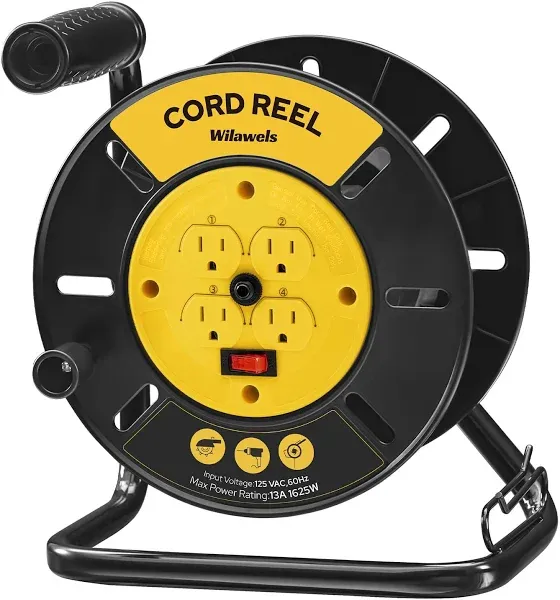 Extension Cord Storage Reel with 4-Grounded Outlets, Heavy Duty Open Cord Reel for 12/3,14/3,16/3 Gauge Power Cord, Hand Wind Retractable, 13A Circuit Breaker, ETL Listed, Yellow Y93CR06