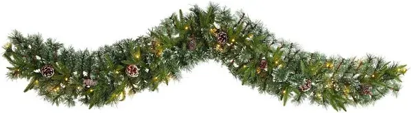 Nearly Natural 6' Snow Tipped Christmas Artificial Garland with 35 Clear LED Lights and Pine Cones