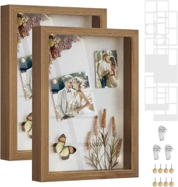 SONGMICS Shadow Box Frame, Set of 2, 1.3-inch Deep Memory Display Case for Desk Wall Decor, Box Picture Photo Frame with 8 Wood Push Pins, 6 Mats, 3