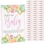 Floral Baby Shower Clothespin Game for Girl, Don't Say Baby Theme with 60 Pink Clothes Pins and 8x10-inch Sign