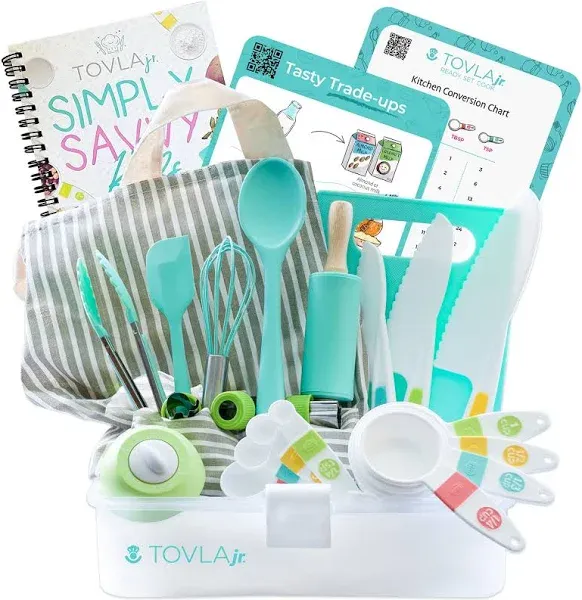 Tovla Jr. Kids Real Cooking and Baking Gift Set with Cookbook and Storage Case- Complete Cooking Supplies for the Junior Chef - Kids Baking Set for Girls & Boys - Utensils and Kid Safe Knives Included