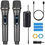 HUACAM Wireless Microphone,Rechargeable Wireless Dual UHF Microphone,Dual Handheld Dynamic Wireless Mic for Karaoke Singing, Wedding, DJ, Party,