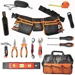 R RECOMFIT 25 Pieces Kids Real Tool Kit Children Real Tool Set with Real Hand Tools, Kids Tool Belt, Pouch Bag,Magnetic Wristband for Small Hands