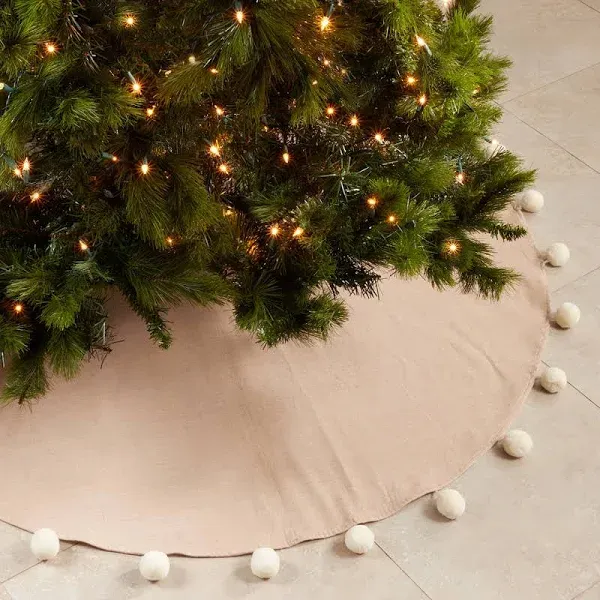 Christmas Tree Skirt With Pom Pom Design, 53"x53", Natural