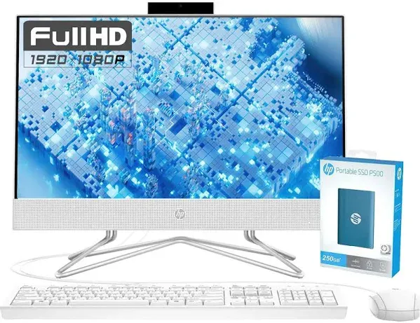 HP All-in-One Desktop, 21.5" FHD Display, Intel Celeron J4025, 32GB DDR4 RAM, 1TB PCIe SSD, Webcam, Wired Keyboard&Mouse, WiFi, HDMI, RJ-45, Windows 11 Home, White