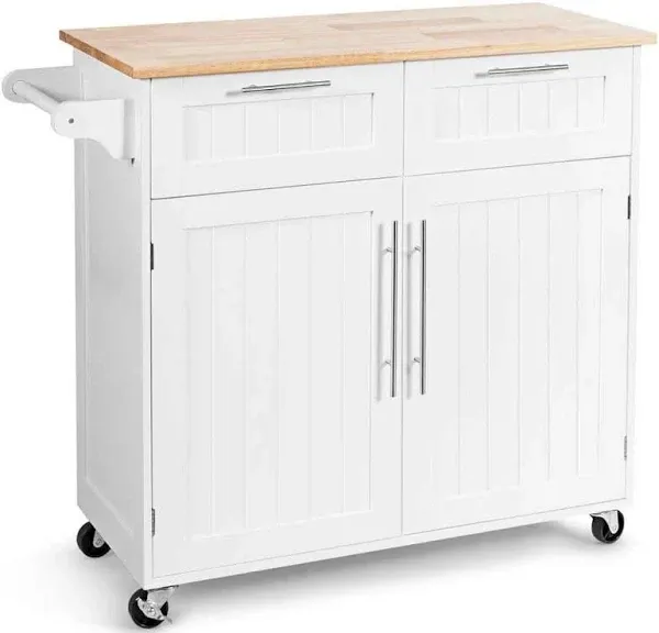 Giantex Kitchen Island Cart Rolling Storage Trolley Cart Home and Restaurant Serving Utility Cart with Drawers, Cabinet, Towel Rack and Wood Top (White)