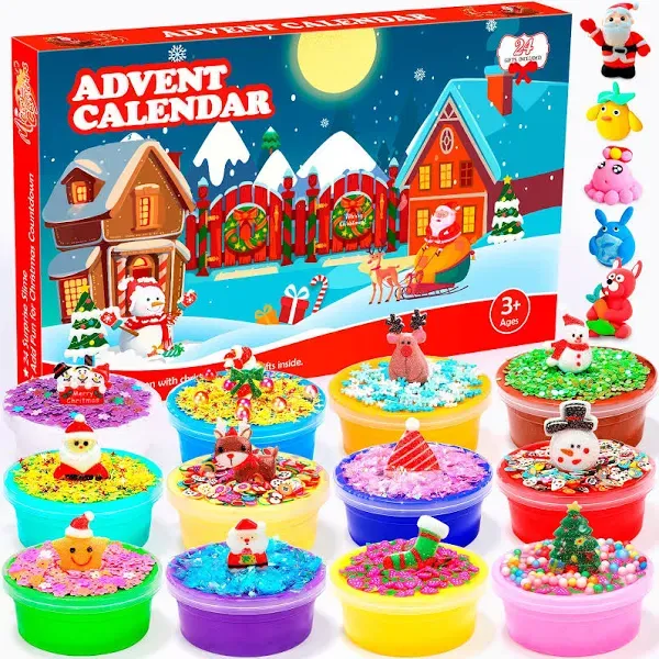 Advent Calendar 2024 for Kids with DIY Slime, 24 Days Surprises Christmas Countdown Calendar Slime Fluffy Supplies Xmas Gift for Boys Girls Stocking Stuffers Toys for 2 3 4 5 6 Year old Party Favors