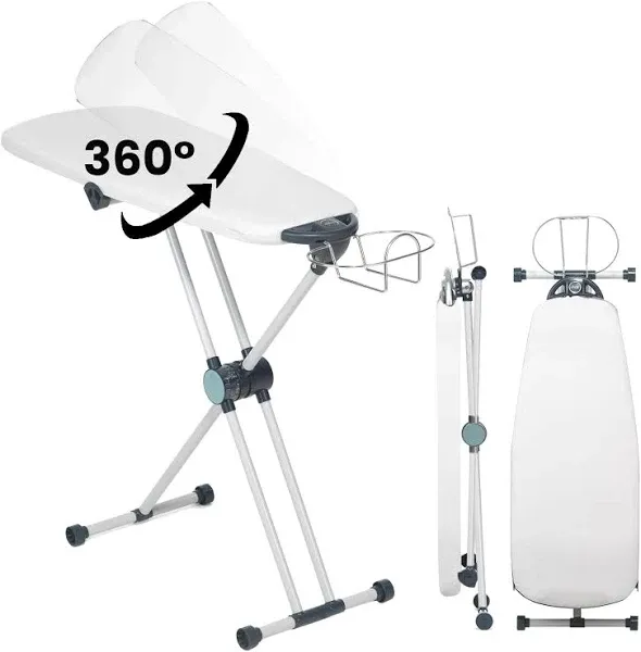 Dazzl 360-Degree Roto-Flip EZ20 Essential Ironing Board - Dual-Sided, Slim Iron Board Top with 8-Level Adjustable Height, Detachable Iron Holder, & Non-Slip Feet - HDPE Ironing Board Full Size