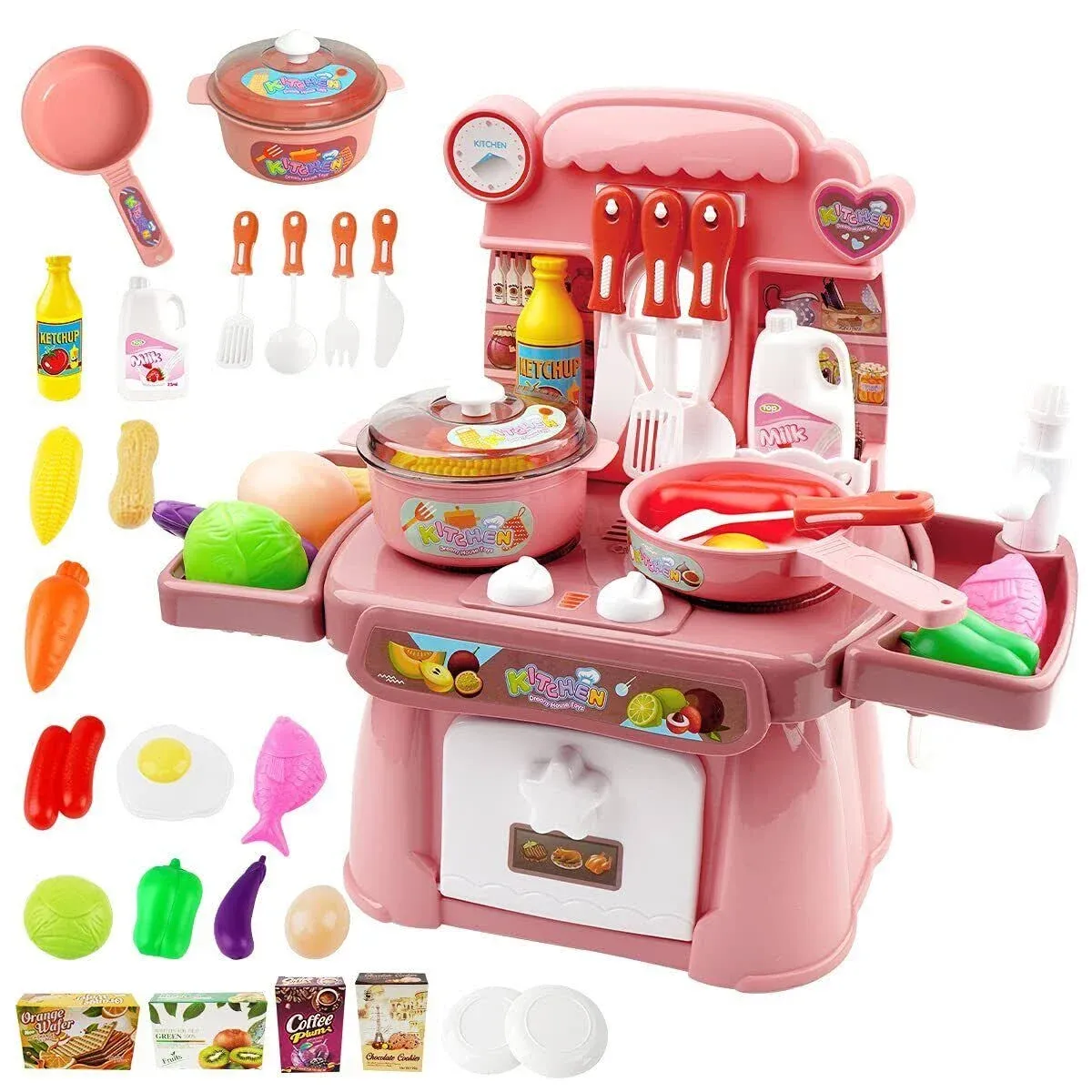 Kitchen Toys Imitated Chef Light Music Pretend Cooking Food Play Dinnerware Set