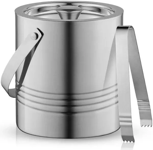 JoyJolt Double Wall Stainless Steel Ice Bucket with Strainer and Tongs