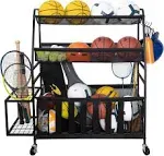 STORAGE MANIAC Ball Storage Bin Rolling Sports Ball Cart, Metal Garage Organizer