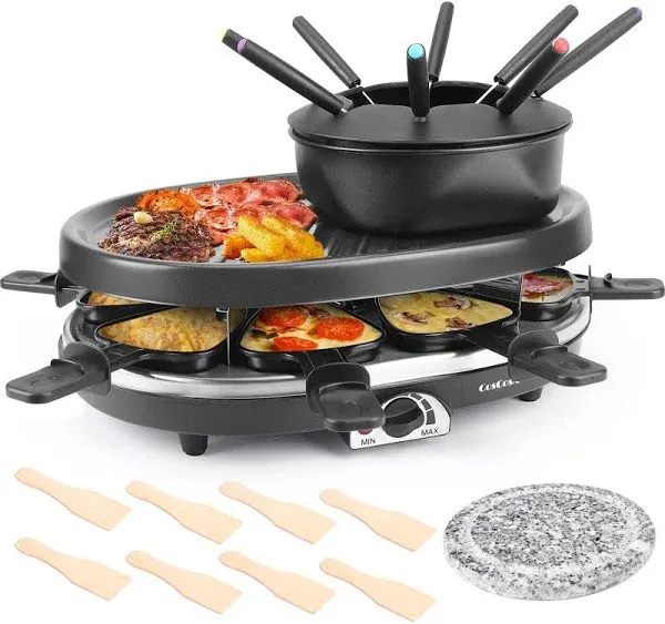 Fondue Pot Set, Electric Fondue Pot Sets with BBQ Grill, Portable Korean BBQ Grill with Raclette Grill Plate, 8 Fondue Forks, 8 Small Nonstick Pans Temperature Control for 8 People Parties