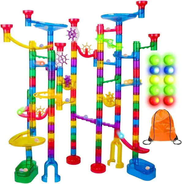 Meland Marble Run Sets for Kids - 153Pcs Marble Race Track Marble Maze Madness Game STEM Building Tower Toy for 4 5 6 + Year Old Boys Girls(113 Pcs + 30 Glass + 10 Led Lighted Marbles)