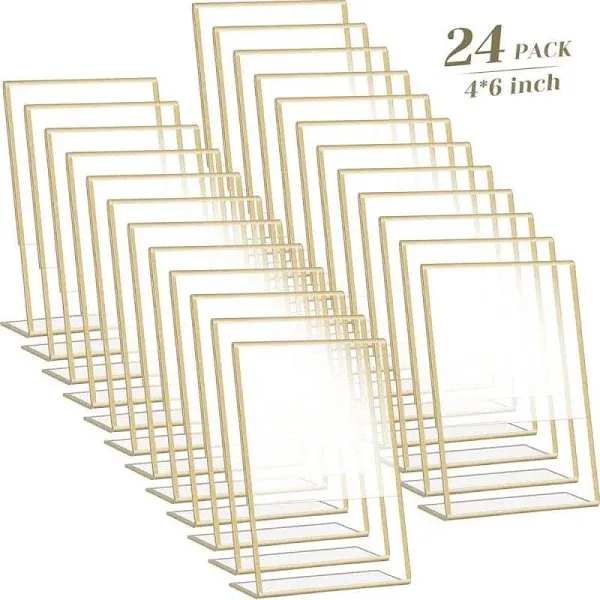 24 Pack Acrylic Sign Holder with Gold Borders, Gold Picture Frame Plastic Display Holder Clear Paper Holder with Vertical Slant Back Table Menu Stands for Wedding Office Restaurant (4 x 6 Inch)