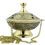 Charcoal Incense Burner Gold Tone Over Brass Hanging Censer with Chain