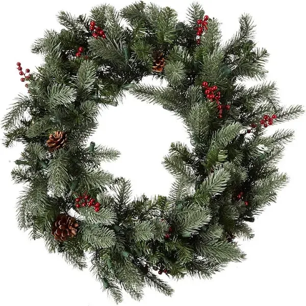 Nearly Natural 30" Lighted Pine Wreath with Berries and Pine Cones