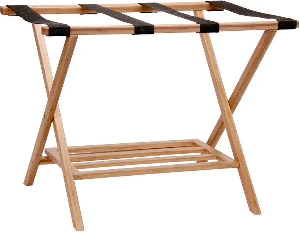 Fully Assembled Folding Luggage Rack with Lower Storage Shelf | Bamboo Frame wit