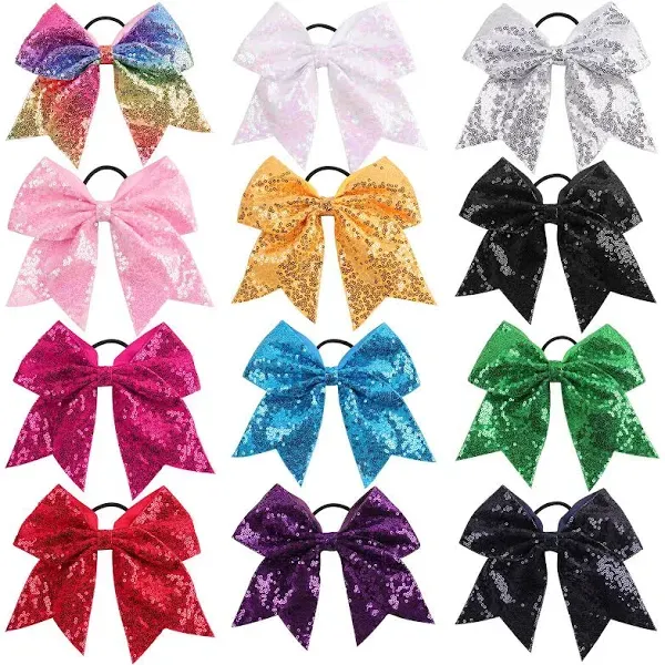 Oaoleer 12PCS 7" Large Glitter Cheer Hair Bows Ponytail Holder Elastic Band Handmade for Cheerleading Teen Girls Sports Red