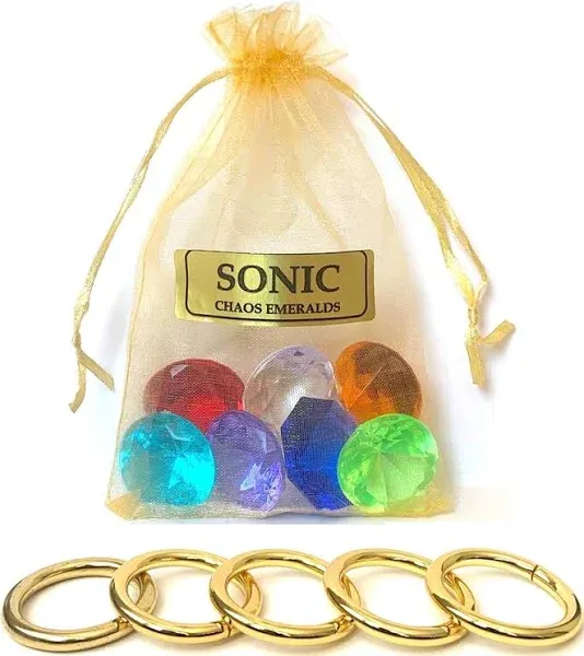 Sonic - 7 Chaos Emeralds Gems & 5 Gold Power Rings - In a Gift Bag