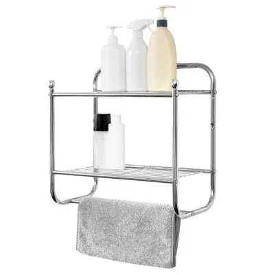 Compact Wall Mount 2 Tier Bathroom Shelf with Towel Bars