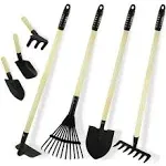 CHEERBANK 7pcs Kids Gardening Tools, Long Shovel, Rake for Leaves, Spade, Hoe, Steel Heads Real Wood Handle, Yard Tools for Children Toddlers Gifts