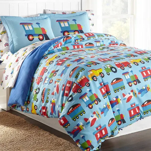 Wildkin Kids 100% Cotton Full Duvet Covers for Boys and Girls, Kids Duvet Cover Measures 88 x 88 Inches, Features Button Closure and Interior Corner Ties(Trains, Planes & Trucks)