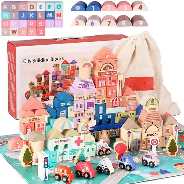 umbresen 115 Pcs Wooden City Building Blocks Set, Colorful Stacking Preschool...