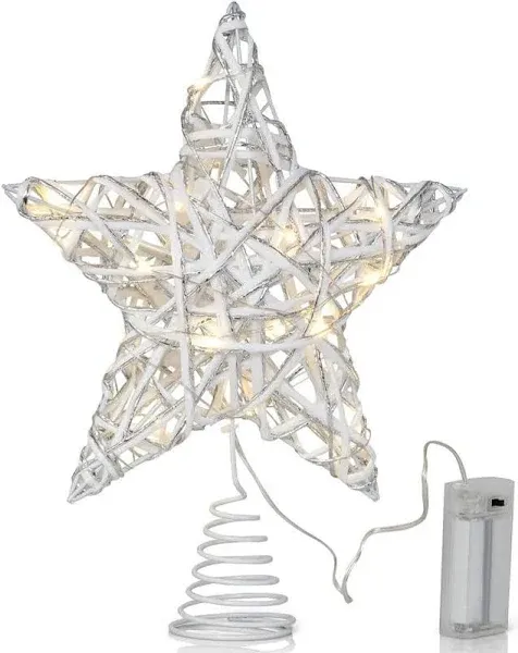 Ornativity Christmas Star Rattan Tree Topper – White and Silver Xmas Holiday Decor Rustic LED Lights Light Up Tree Top Topper Ornament Decoration 12"