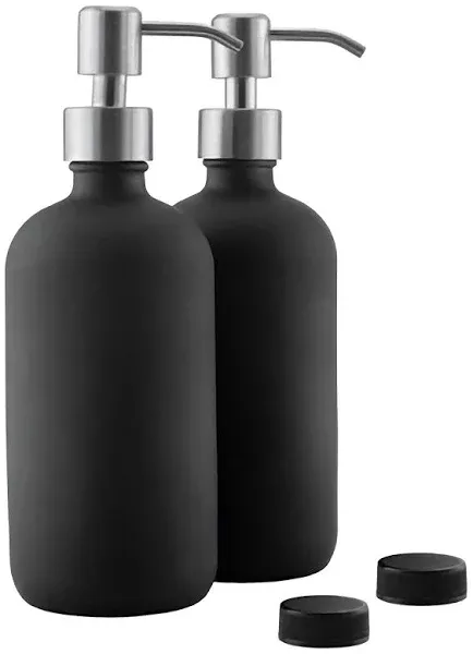 16oz Black Glass Bottles w/Stainless Steel Pumps (2-Pack); Black Coated Bosto...